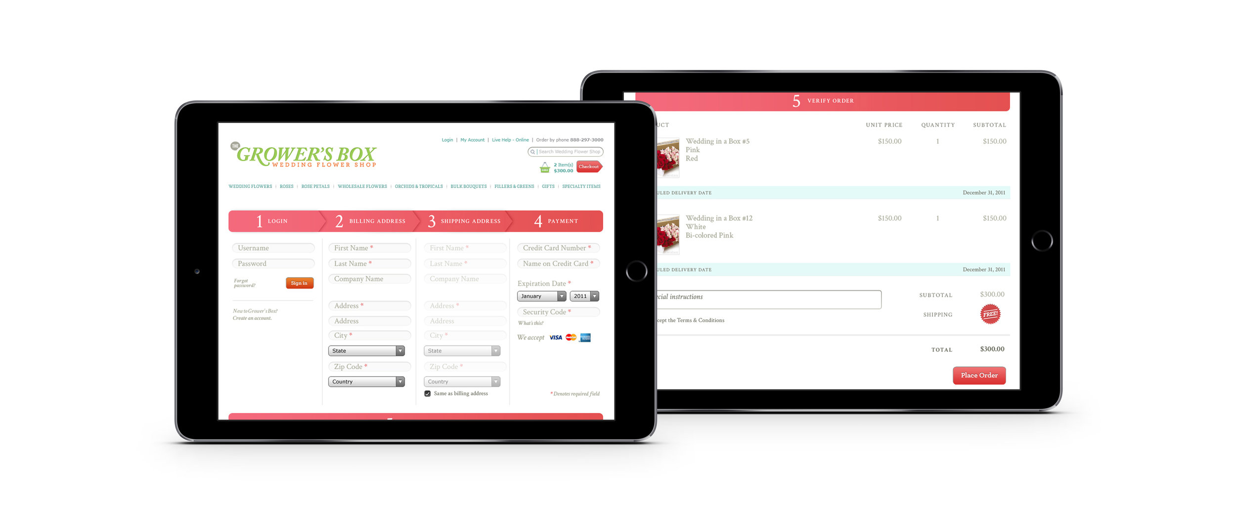The Grower’s Box billing, payment and order-verification checkout shown across two iPads.