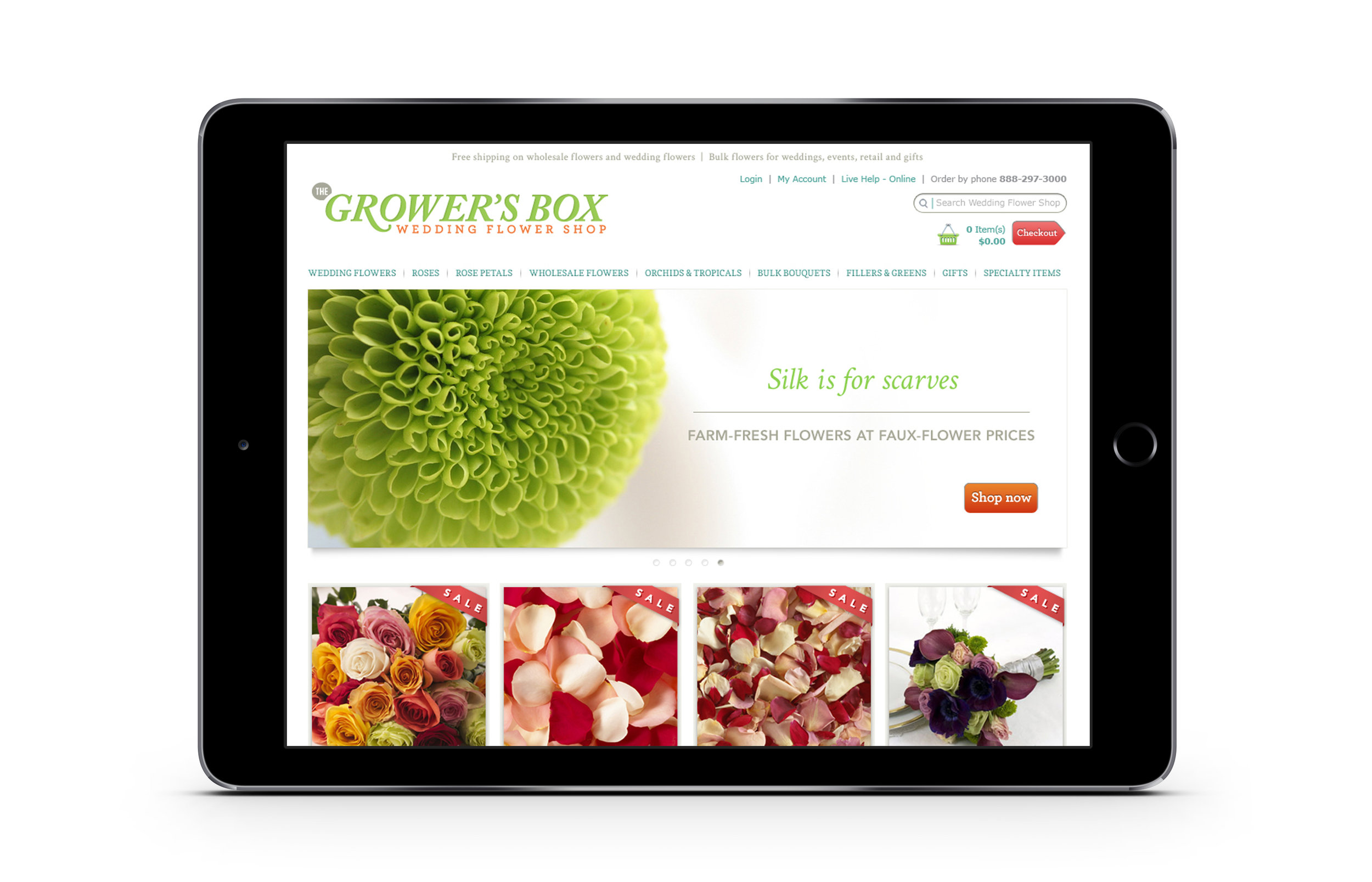 The Grower’s Box wedding flower shop homepage shown on an iPad.