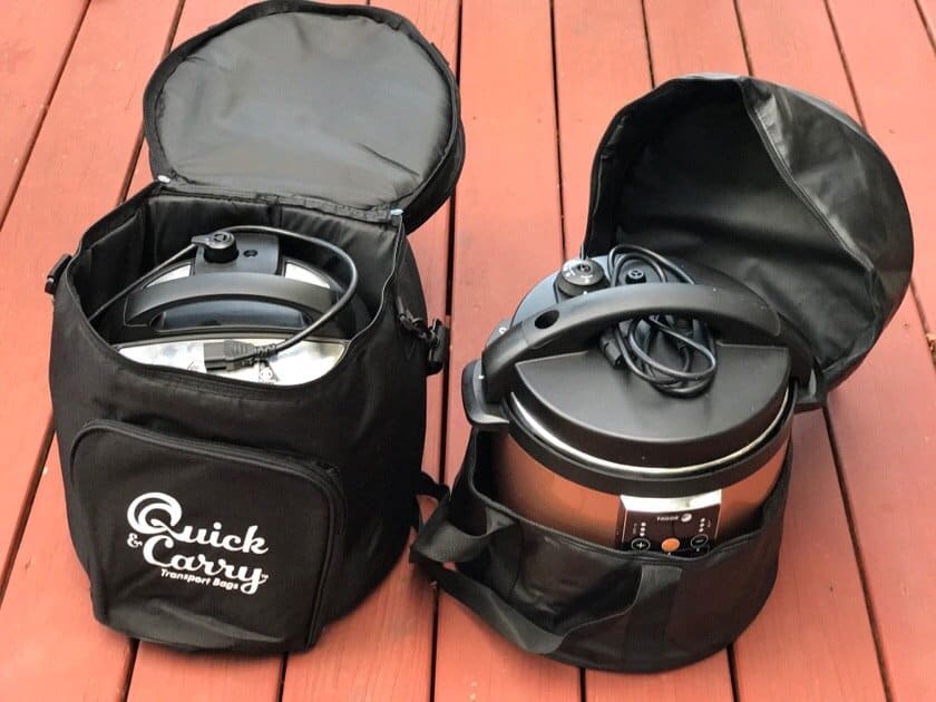 Open Quick and Carry and PressureChef bags holding electric pressure cookers; PressureChef is shown at right.