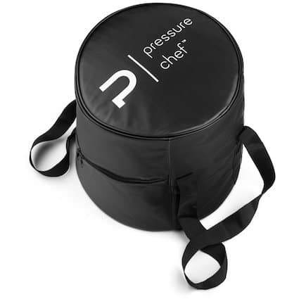 Black cylindrical PressureChef storage and travel bag on a white background.